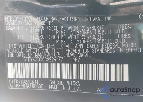 2012 Toyota Sienna Xle V6 8 Passenger from USA, damaged, VIN 5TDYK3DC0CS224177